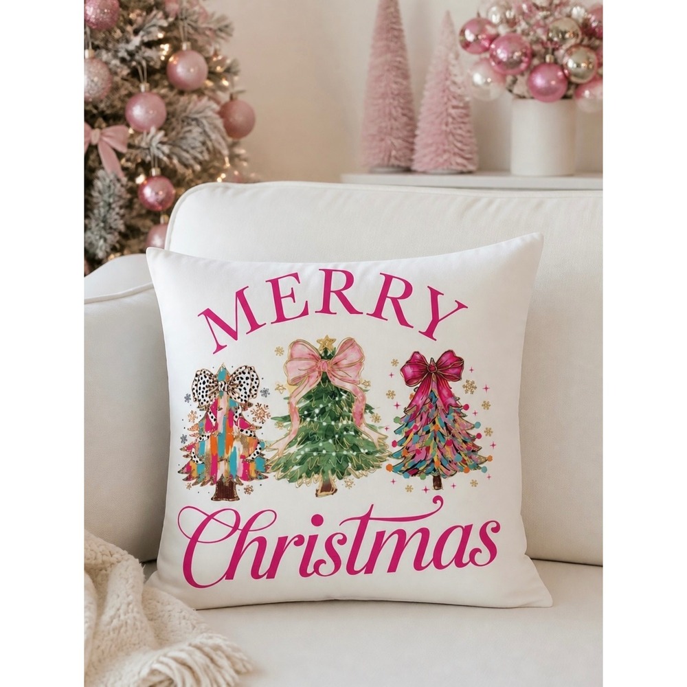 NEW Merry Christmas Throw Pillow‎ Cover Holiday Festive Pink Bows White